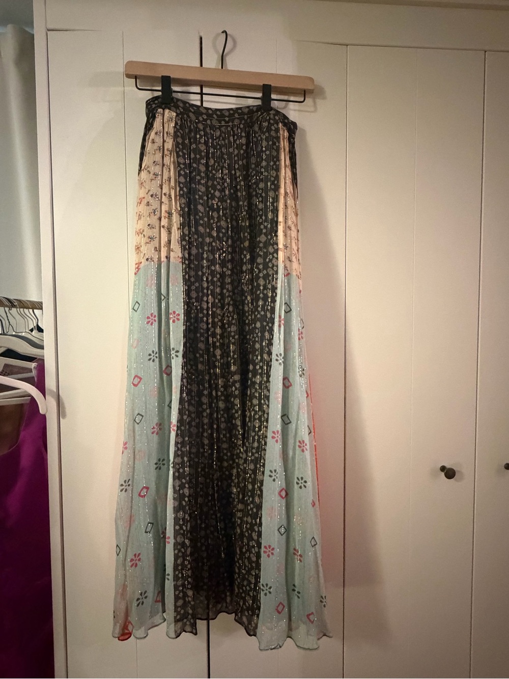 Bohemian Patchwork Maxi Skirt in Black, Cream & Light Blue